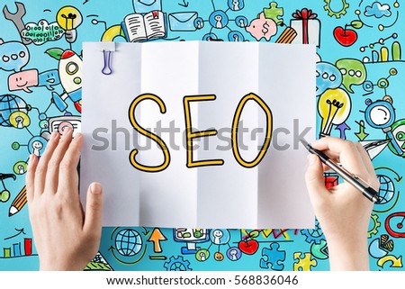 SEO text with hands and colorful illustrations