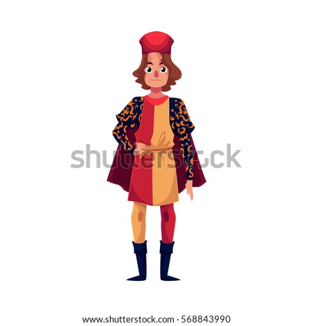 Full length portrait of young Italian man in Renaissance time costume, cartoon vector illustration isolated on white background. Medieval, Renaissance Italian man in traditional historical costume Royalty-Free Stock Photo #568843990