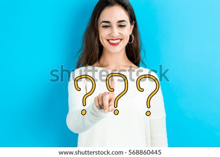 Question Mark text with young woman on a blue background