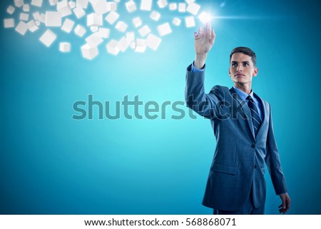 Young businessman gesturing against blue vignette background 3d