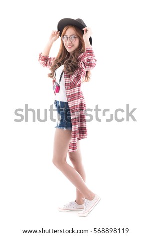 Asian woman with a suitcase on white background.