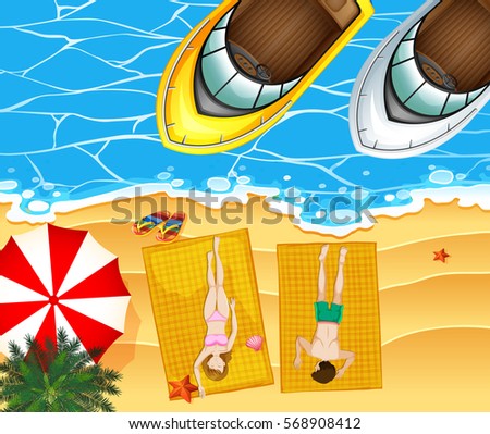 Ocean scene with two boats and people on the beach illustration
