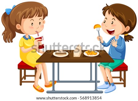 Two girls eating on picnic table illustration