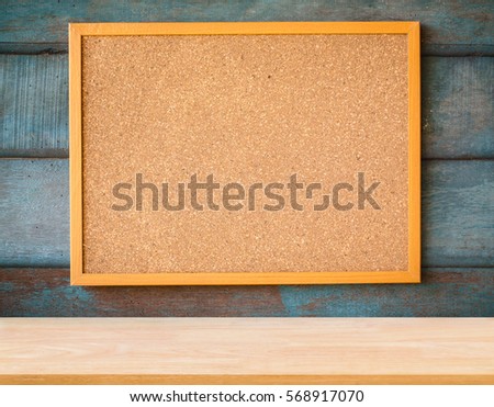 Wooden plank table for graphic stand product, interior design or montage display your product with blank paper note pin on cork board background. education concept.