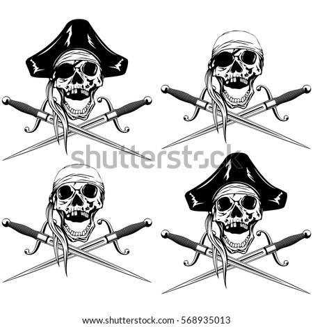 Vector illustration pirate skull with bandanna and cocked hat and crossed cutlass set