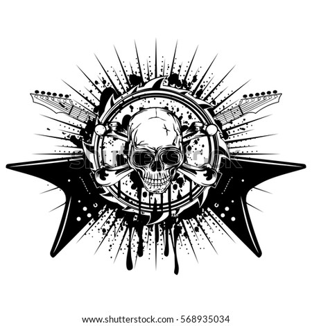 Vector illustration grunge skull and crossed guitars on dirty background. Hard rock sign. Design for t-shirt or tattoo