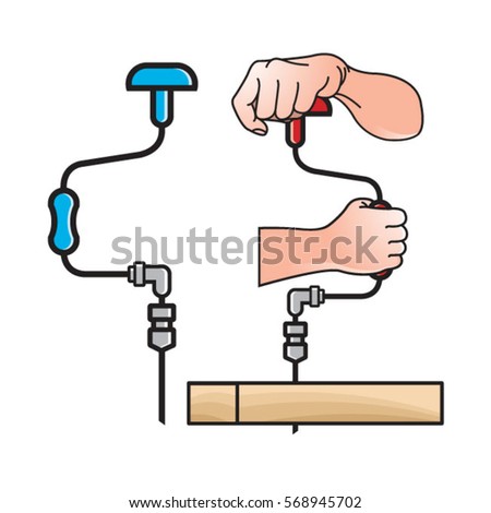 hand with ratchet brace drill & piece of wood in color-vector drawing