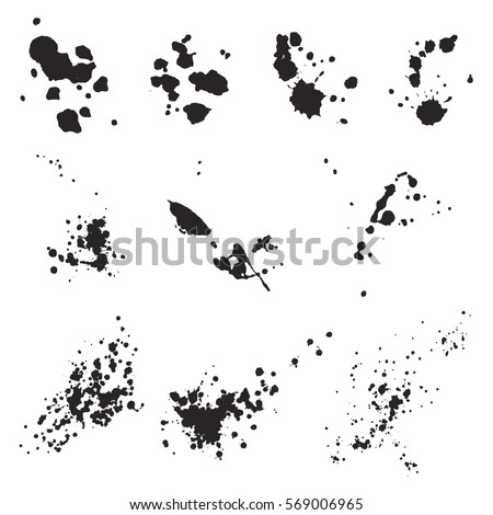  Set of black splash on white background. Grunge ink blots and drops. High quality manually traced vector illustration