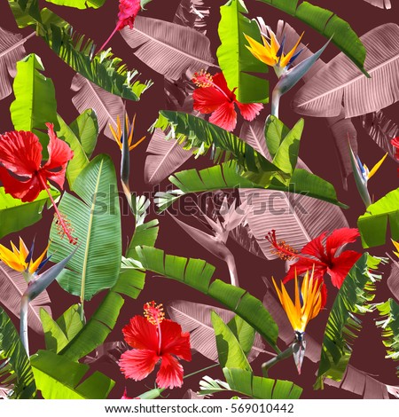Tropical jungle leaves seamless pattern on a brown backdrop floral repeating leaf background. Amazing photo collage artistic design.