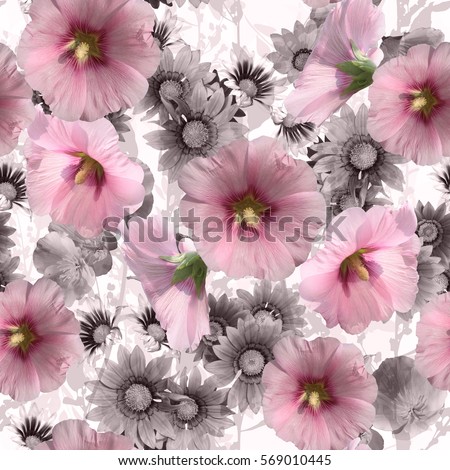 Spring floral seamless flowers pastel pink trendy colour. Flower pattern allover on a pale coffee milk color grass and stems background. Romantic photo collage artistic work. Royalty-Free Stock Photo #569010445