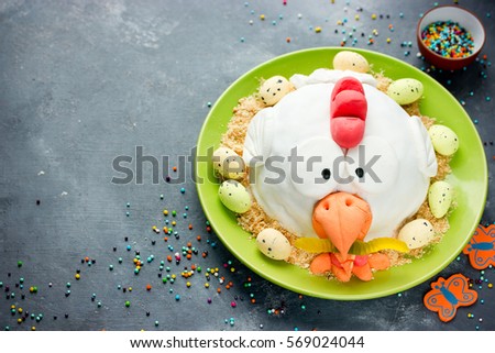 Easter fondant cake shaped chicken , delicious dessert on Easter party