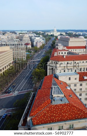 Pennsylvania avenue, Washington DC, aerial view with capitol hill building and street