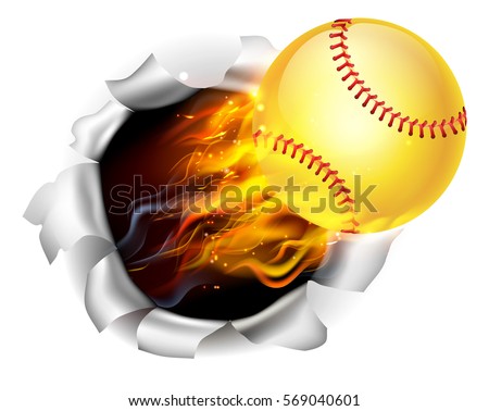 An illustration of a burning flaming yellow Softball ball on fire tearing a hole in the background