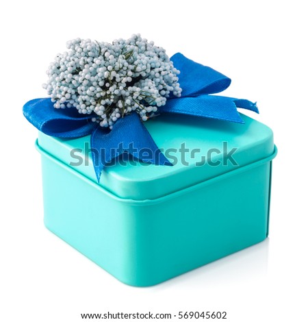 Light blue gift box with blue ribbon and white flowers isolated on white background. The file includes a clipping path, so it's easy to work.