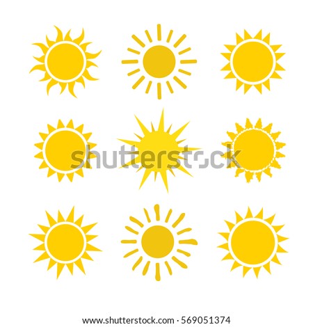 Yellow sun icon set isolated on white background. Modern simple flat sunlight, sign. Trendy vector summer symbol for website design, mobile app. Stock illustration