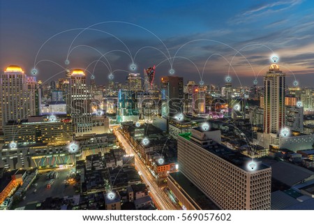 Wifi icon and city scape and network connection concept, Smart city and wireless communication network Royalty-Free Stock Photo #569057602