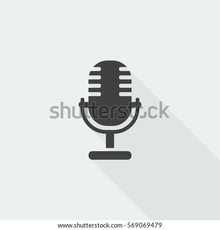 Black flat Microphone icon with long shadow on white background