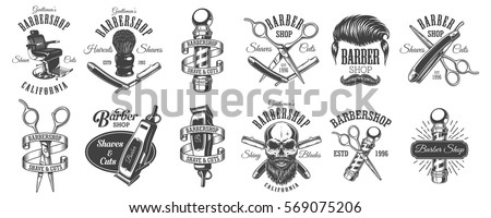 Set of vintage barbershop emblems, labels, badges, logos. Layered. Text is on separate layer. Isolated on white background Royalty-Free Stock Photo #569075206