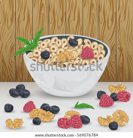 Cereal rings in bowl with raspberry, blueberry, walnut and mint leaves on wooden background. Healthy breakfast. Isolated elements. Hand drawn vector illustration