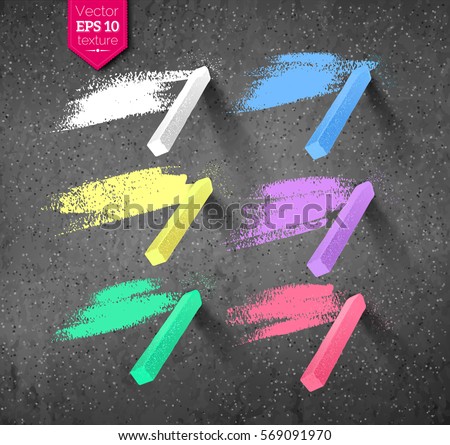 Vector collection of hand drawn strokes and pieces of colored chalks with shadow isolated on asphalt texture background. Royalty-Free Stock Photo #569091970