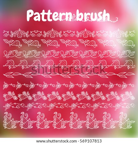 Set of vector pattern brush for Your design. Roses, violet, pears, flowers, wave elements.  Vintage, hand drawing pen and ink style, for photo decor. Brushes included. White line 