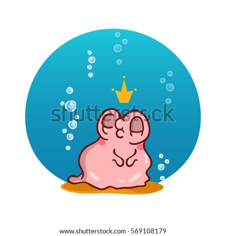 Vector cartoon illustration of lovely snail girl. Snail with shell, water bubbles and water background. Kawaii smiling character, undersea animal. Dreamy pearl oyster with crown 
