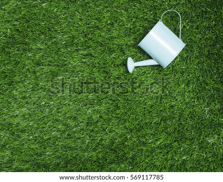 Watering can color and green grass  background for copy space create idea for business ,something.