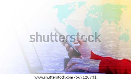 Double exposure of businessman connect internet smart phone and laptop computer with coins stack and world map background, finance, trading and banking concept.Elements of this image furnished by NASA