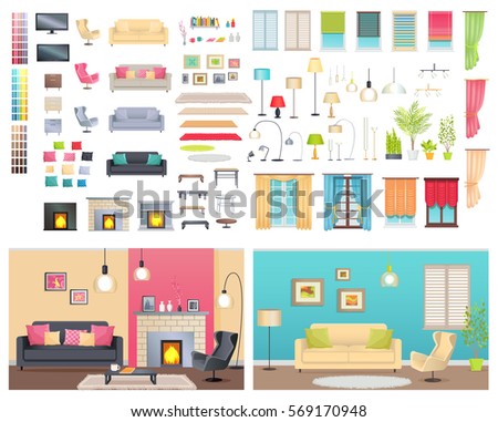 Modern interiors of two different comfortable flats. Vector illustration of various furniture and decoration items. You can choose sofas with cushions, lighting devices, types of chimneys and windows