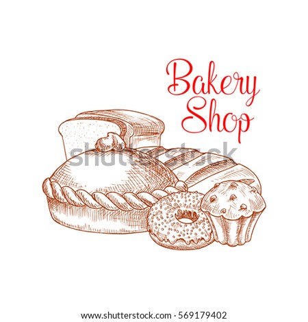 Bakery vector poster of toast bread slices, wheat bagel or loaf, sweet donut with chocolate or caramel glaze, muffin or cupcake with raisins, baked fruit pie or tart. Design for pastry or baker shop