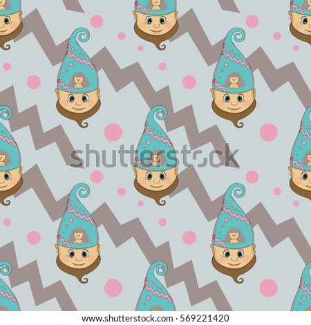 The dwarf's head seamless pattern. Background with cute gnome and little cat. Funny background for holiday decorations, greetings, and birthday cards, wrapping paper. Vector clip art.