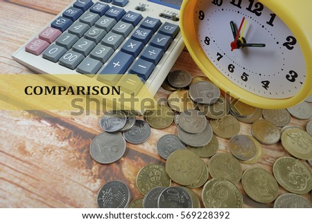 Calculator,yellow table clock and coins on the wooden background with finance,banking,manaagement,investment conceptual text.