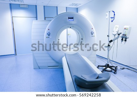 CT (Computed tomography) scanner in hospital laboratory. Health care, medical technology, hi-tech equipment and diagnosis concept with copy space. 
 Royalty-Free Stock Photo #569242258