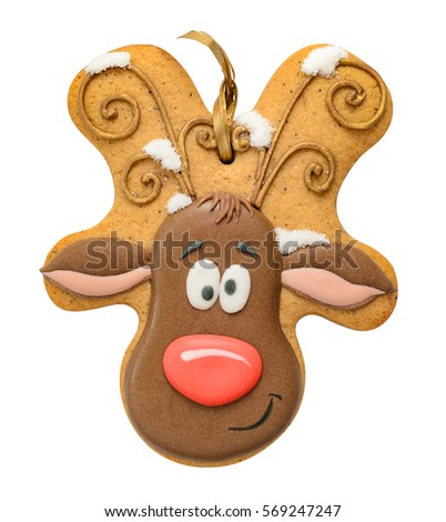 Gingerbread cookie isolated with clipping path on white background. Christmas Deer