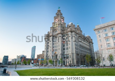 Liverpool's Historic Liver Building and Clocktower, Liverpool, England, United Kingdom. Liverpool, in North West England, is a major city and metropolitan borough with population of 478,580 in 2015. Royalty-Free Stock Photo #569308132