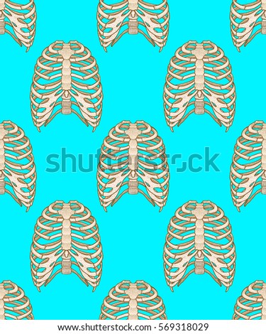 Seamless pattern with human rib cage. Line art style. Boho vector realistic illustration
