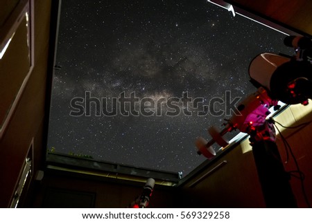 Open roof observatory with two telescope imaging the deep space with Milky Way in the background. Image contains visible noise due to high ISO, soft focus, shallow DOF, slight motion blur.