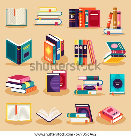 Colored books icons set in flat design style isolated. Open book with bookmarks. Concept for education and study back to school, knowledge, e-book. Vector illustration.