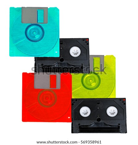 Old retro tapes and floppy discs