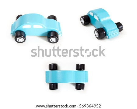 A blue toy car front, side and top view, on white background.