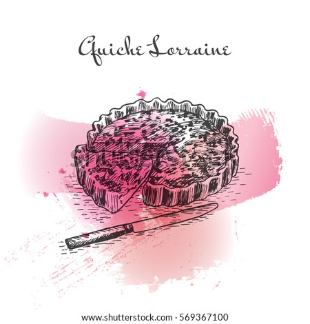 Quiché Lorraine watercolor effect illustration. Vector illustration of French cuisine. 