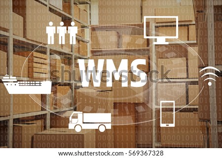 Warehouse management system concept. Shelves with boxes Royalty-Free Stock Photo #569367328