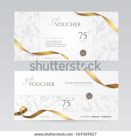 Set of stylish gift voucher with golden ribbon and silver floral pattern. Vector template for gift card, coupon and certificate. Isolated from the background. Royalty-Free Stock Photo #569369827
