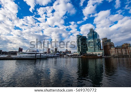 Skyline of Inner Harbor from Fells Point in Baltimore, Maryland
