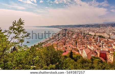 View of the promenade and the beach of Nice, France.