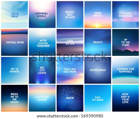 BIG set of 20 square blurred nature dark blue backgrounds. With various quotes. Sunset and sunrise sea ocean sky blurred blue background