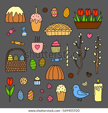 Hand drawn collection of traditional easter items including colored eggs, tulips, glazed cake, candle, bird and pussy willow isolated on chalkboard background.