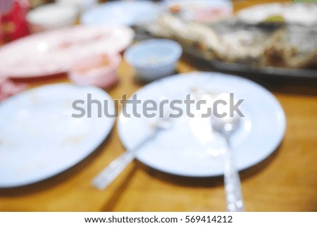 Picture blurred  for background abstract and can be illustration to article of Empty white plate with red stains and fork after eat food