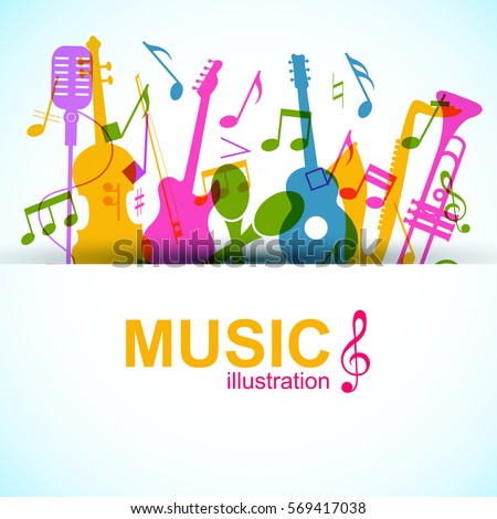Music graphic template with colorful notes and musical instruments silhouettes on light background vector illustration