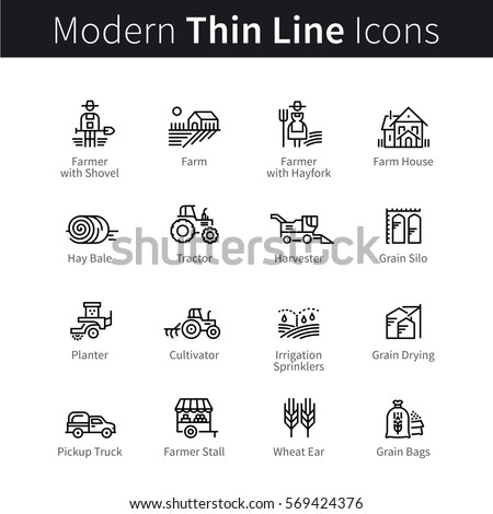 Farming and agriculture life concept. Harvester trucks, tractors, farmers and village farm buildings. Thin black line art icons. Linear style illustrations isolated on white. Royalty-Free Stock Photo #569424376